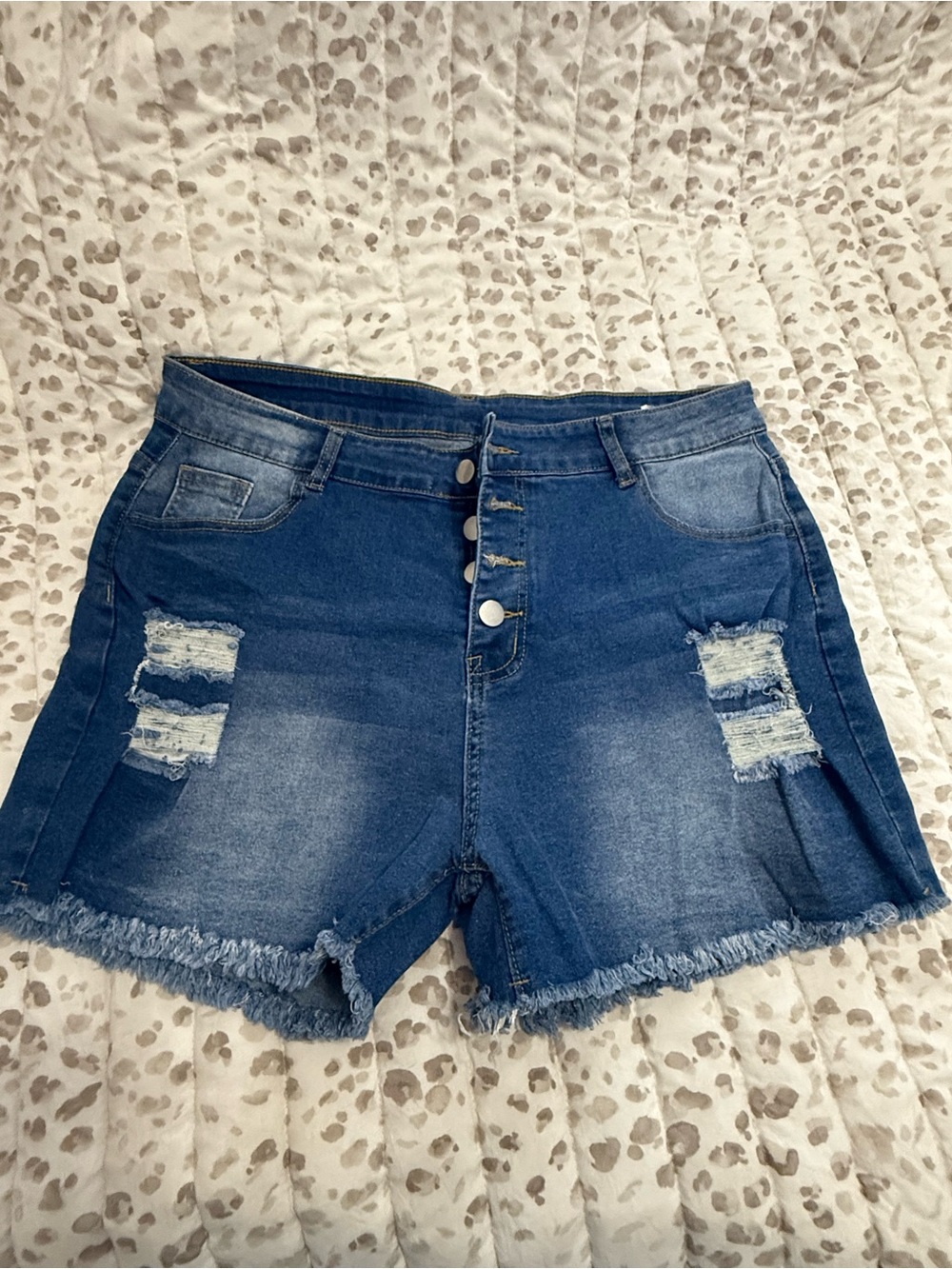 Amazon Blue Distressed High-Rise Denim Shorts